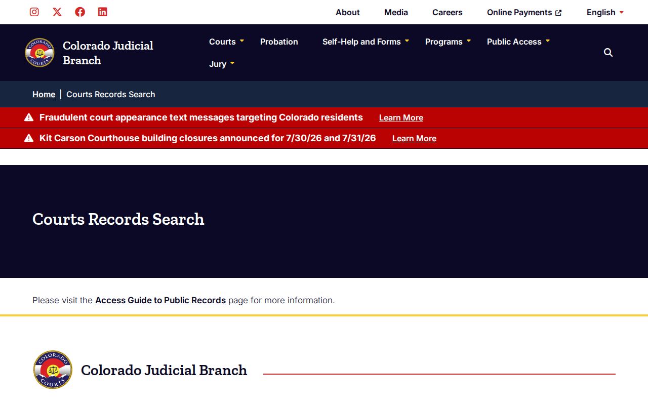 Cheyenne County court records search landing page from Colorado Judicial Branch
