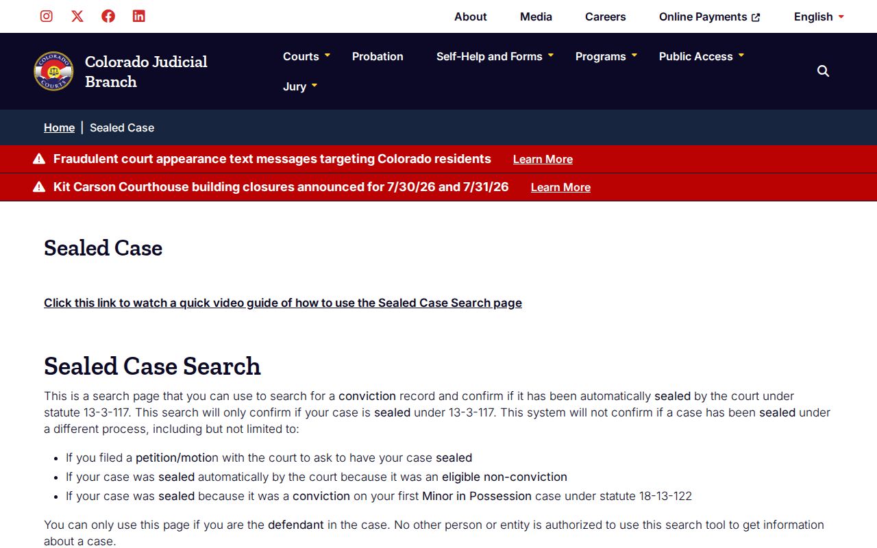 Cheyenne County criminal court records Colorado sealed case search