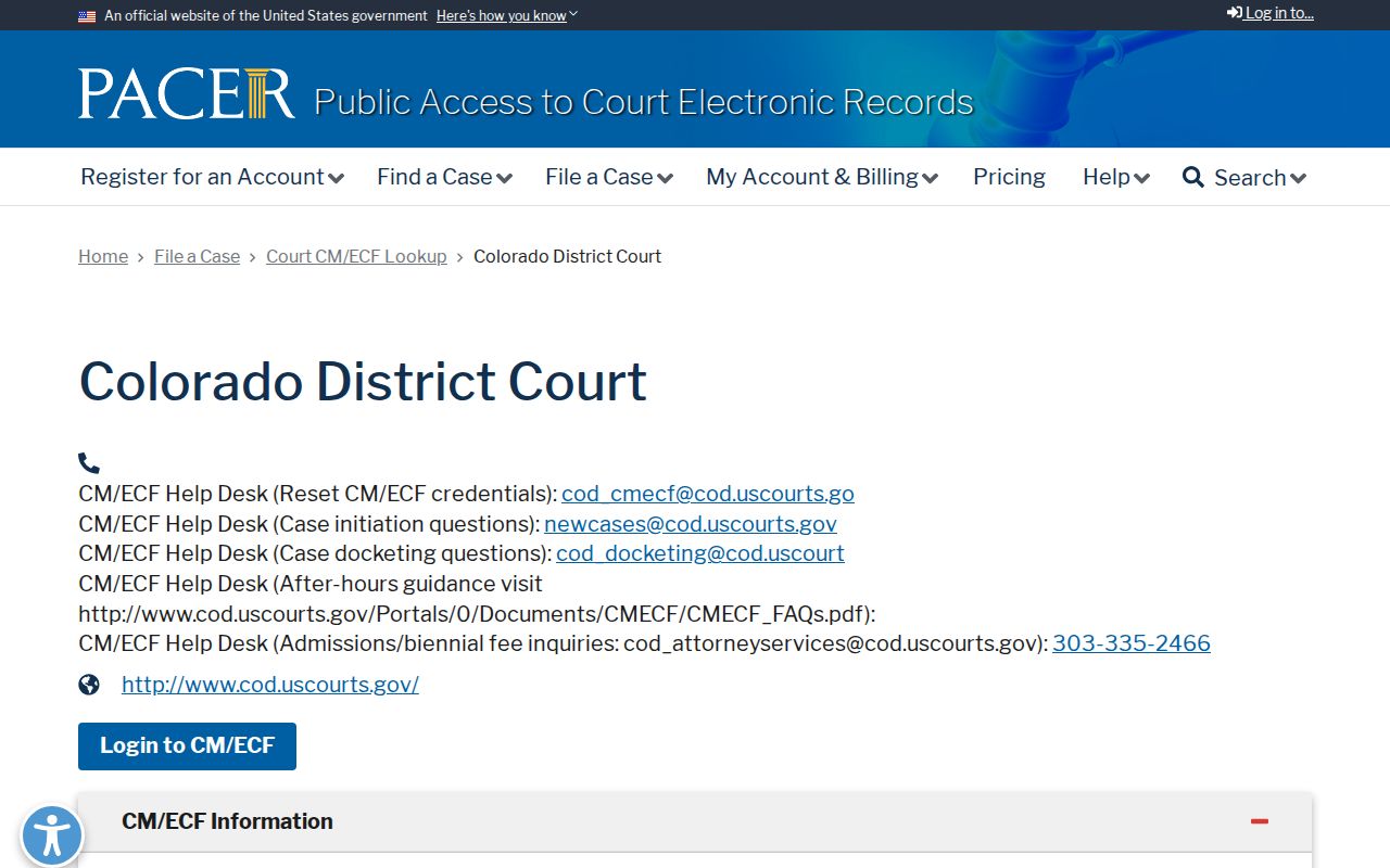 Cheyenne County District Court federal PACER Colorado district listing context