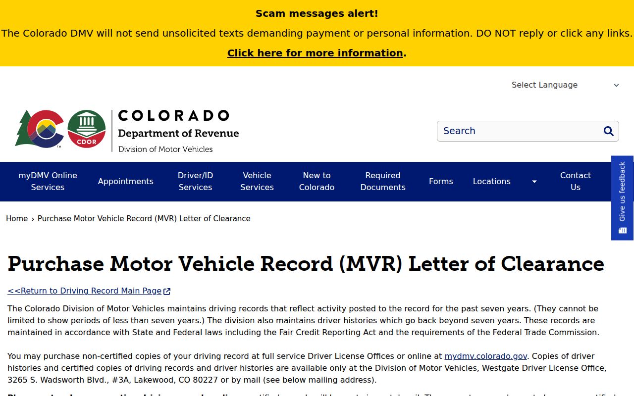 Cheyenne County traffic court records Colorado DMV MVR purchase page